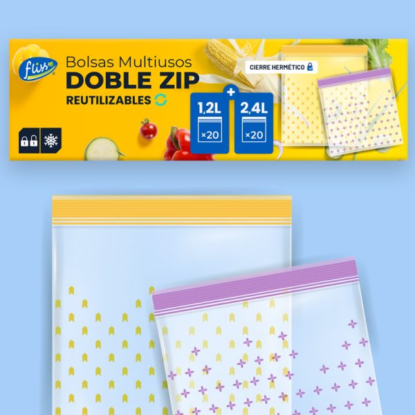 Reusable Double Zip Multipurpose Bags 1,2L + 2,5L