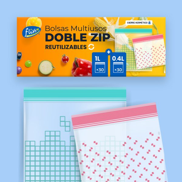 Bolsas Multiusos Doble ZIP Reutilizables 1L + 0,4L